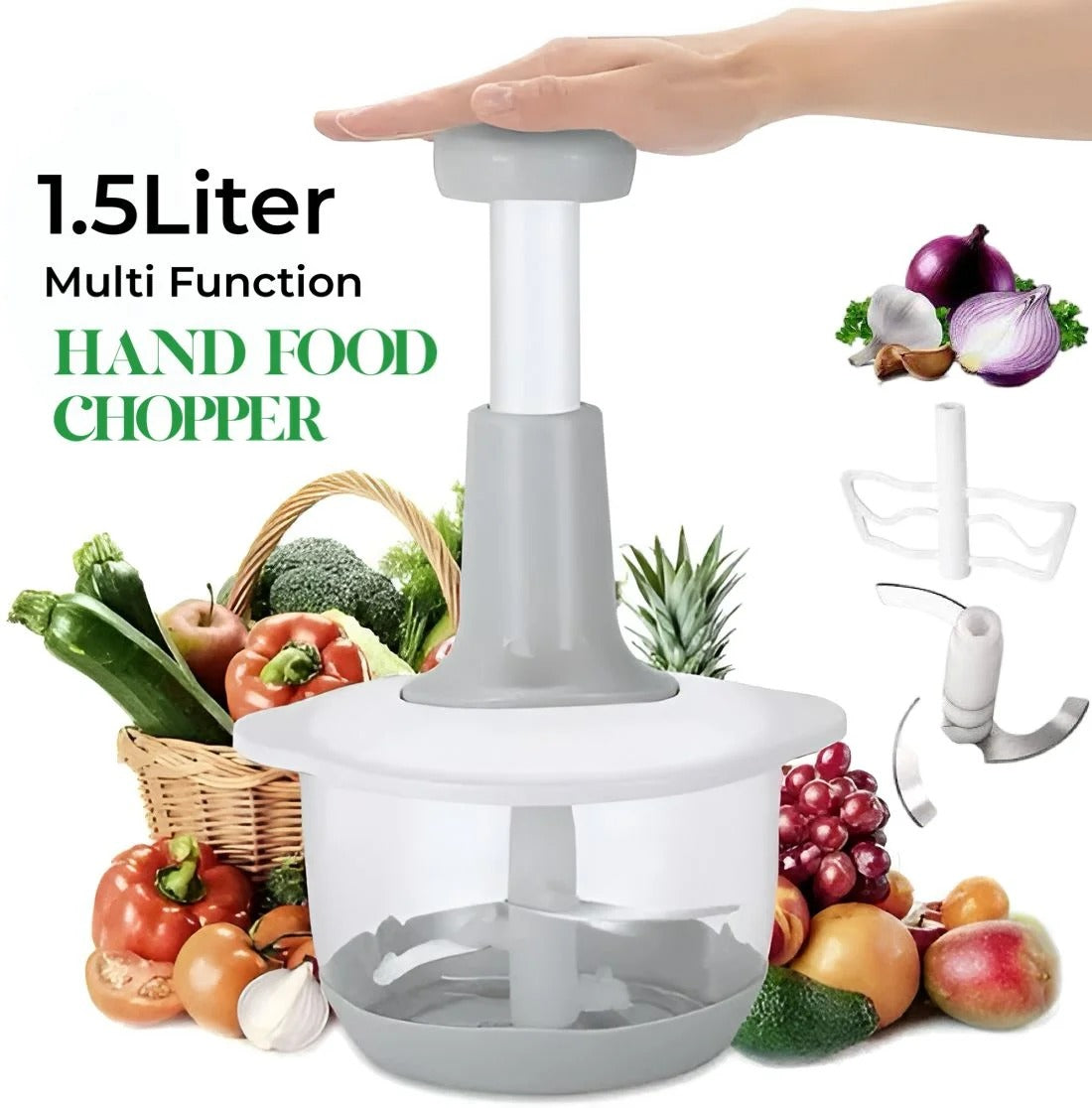 "1.5L Manual Food Chopper – High‑Capacity Hand Press Vegetable & Fruit Cutter with Durable Plastic Body
