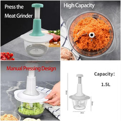 "1.5L Manual Food Chopper – High‑Capacity Hand Press Vegetable & Fruit Cutter with Durable Plastic Body