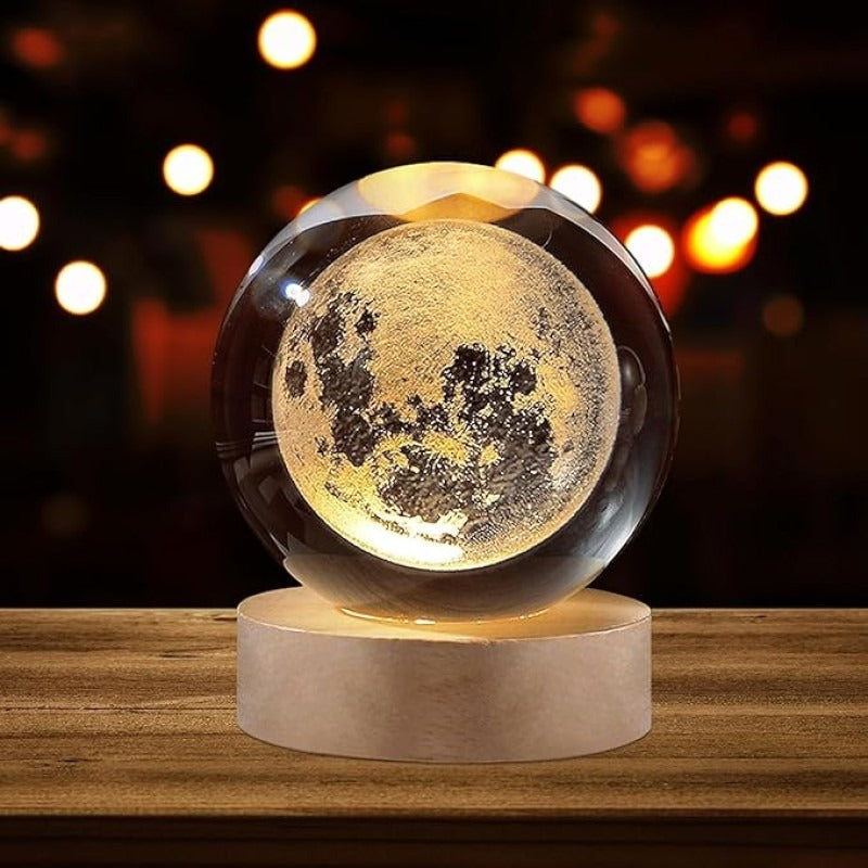 "3D Lunar Moon Lamp – Realistic Crater Design with Wooden Base, Warm Ambient Night Light"