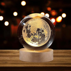 "3D Lunar Moon Lamp – Realistic Crater Design with Wooden Base, Warm Ambient Night Light"